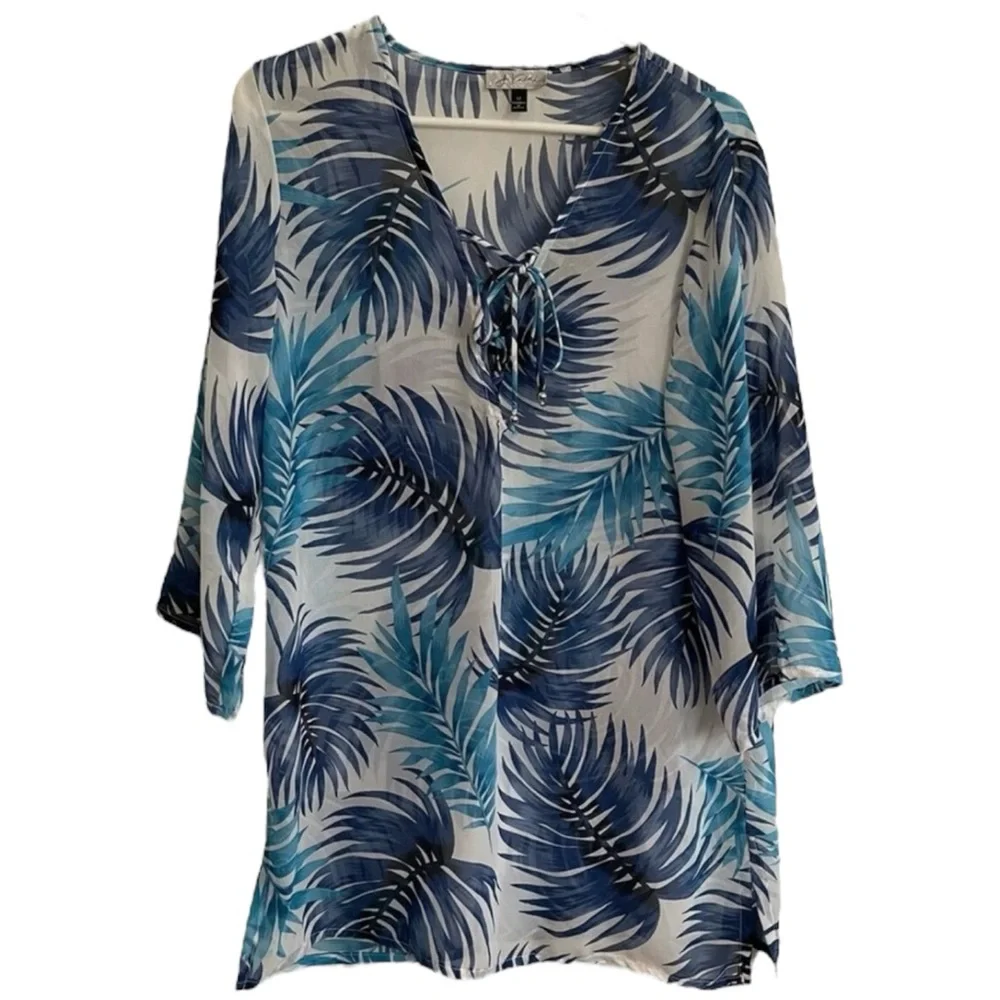 J. Valdi Palm Leaf Swim Cover-up in Blue/White/Green Size Med — SUMMER STAPLE - Picture 3 of 12